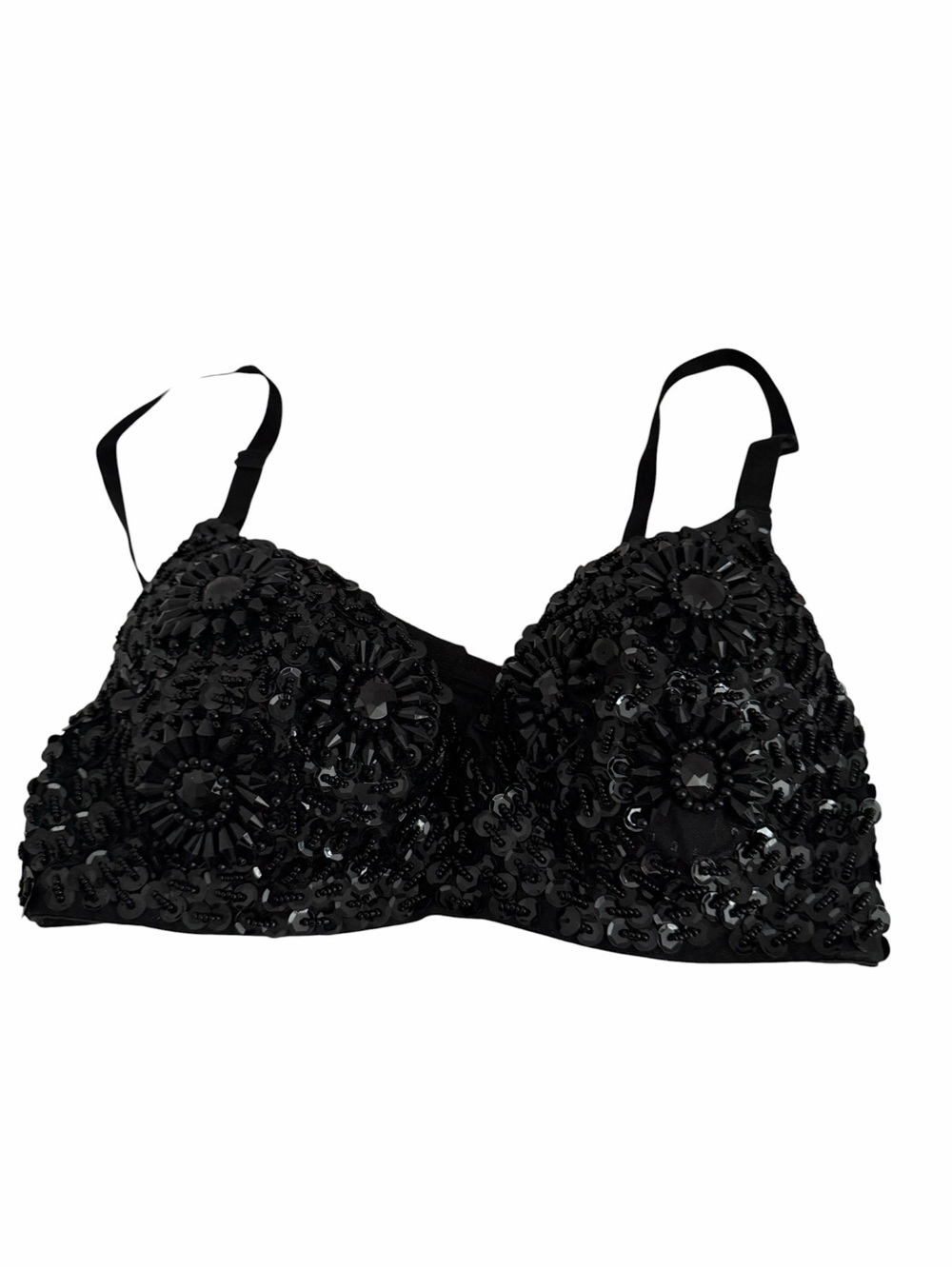 Beaded Sequin Bra Womens 36 Black Push Up Underwire Padded Mesh Lingerie